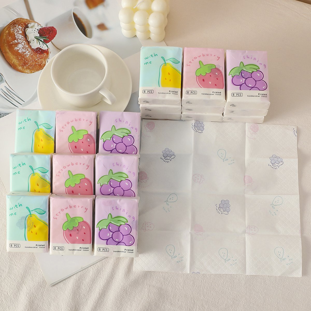Delicious Fruit Pocket Tissues Travel Tissues FSC Cartoon Dry & Wet Dual Purpose Paper Handkerchief Portable Hand Towel Tissue