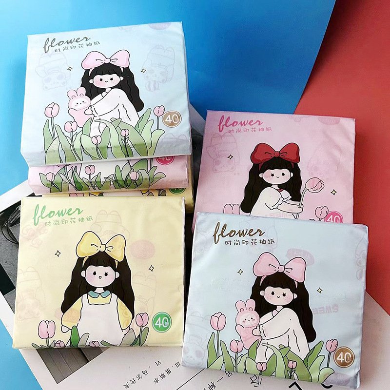 FSC Freckled Girl Portable Facial Tissues Wood Pulp Color Printed Soft 40 Pull Cute Cartoon Handkerchief Pocket Tissue