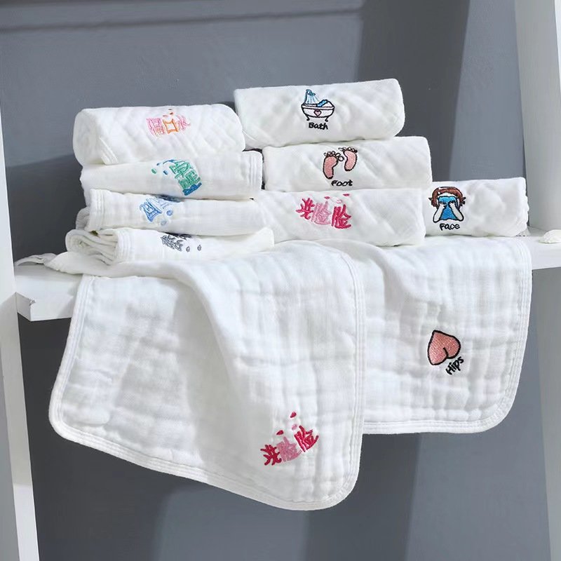Six-layer high-density gauze square towel Soft absorbent embroidered word small square towel baby towel
