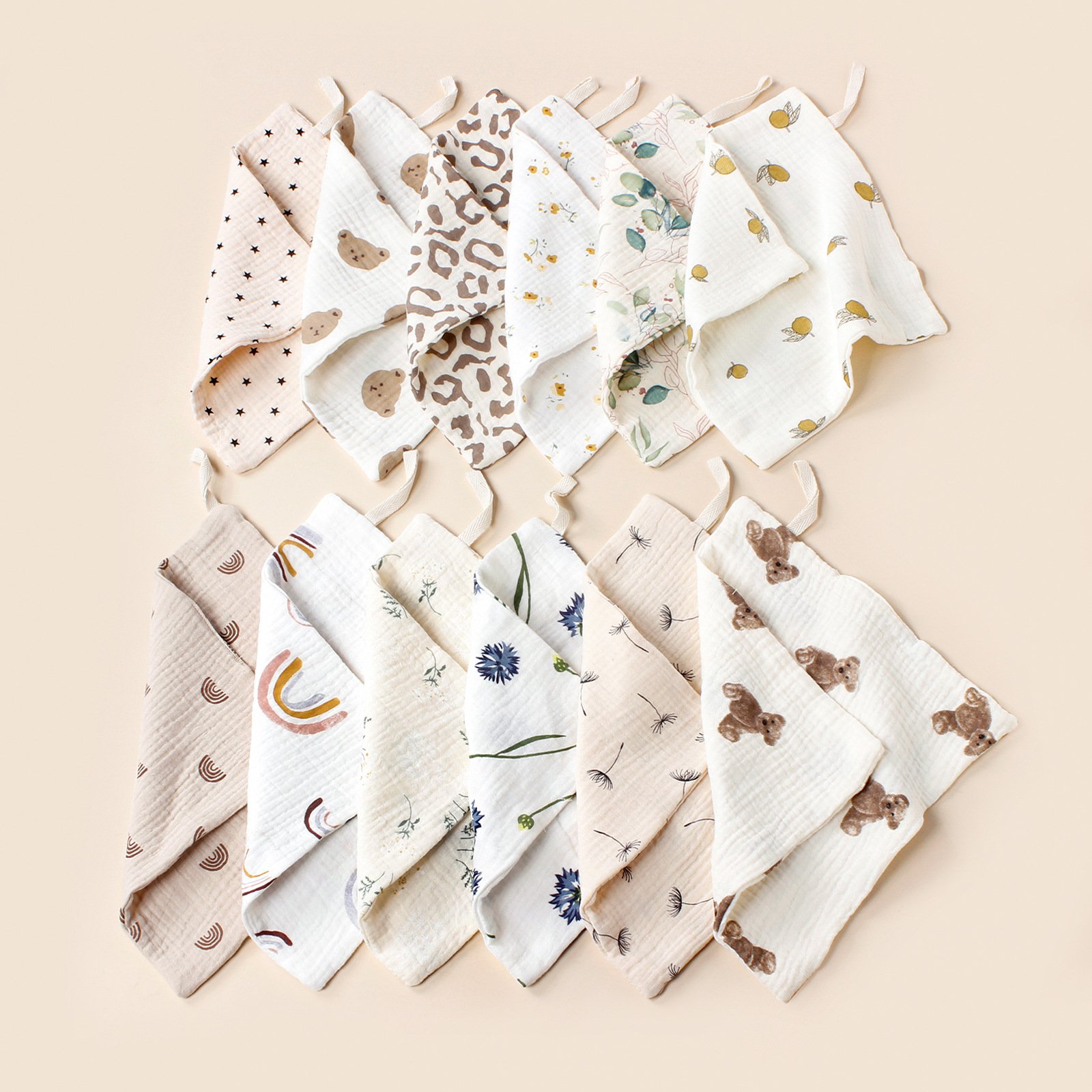 Cotton Soft Small Square Towel with Hanging Rope Double Layer Muslin Square Handkerchief 100% Cotton Muslin Washcloth for Babies