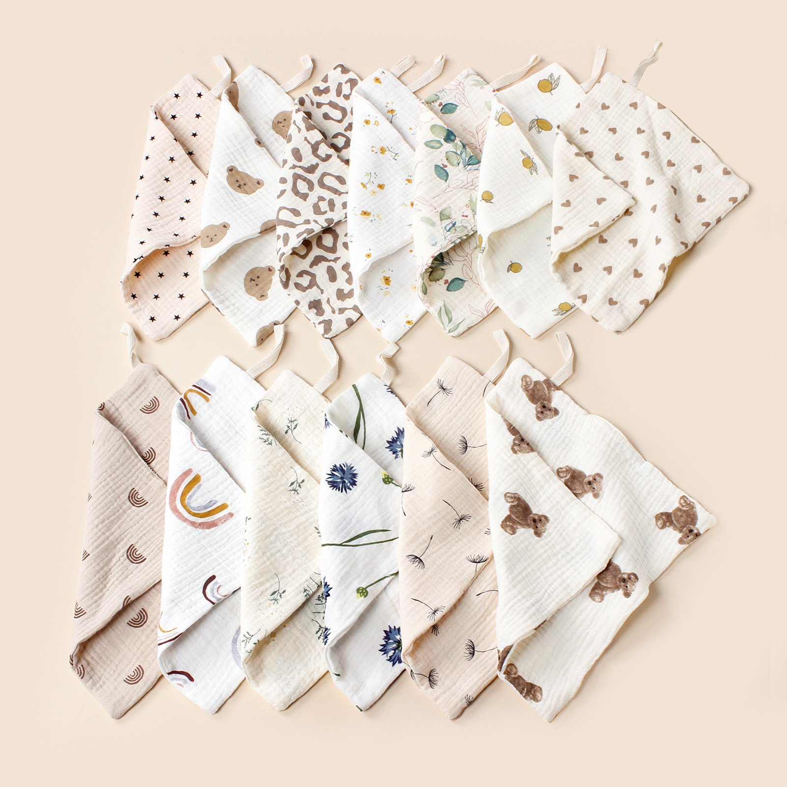 Cotton Soft Small Square Towel with Hanging Rope Double Layer Muslin Square Handkerchief 100% Cotton Muslin Washcloth for Babies