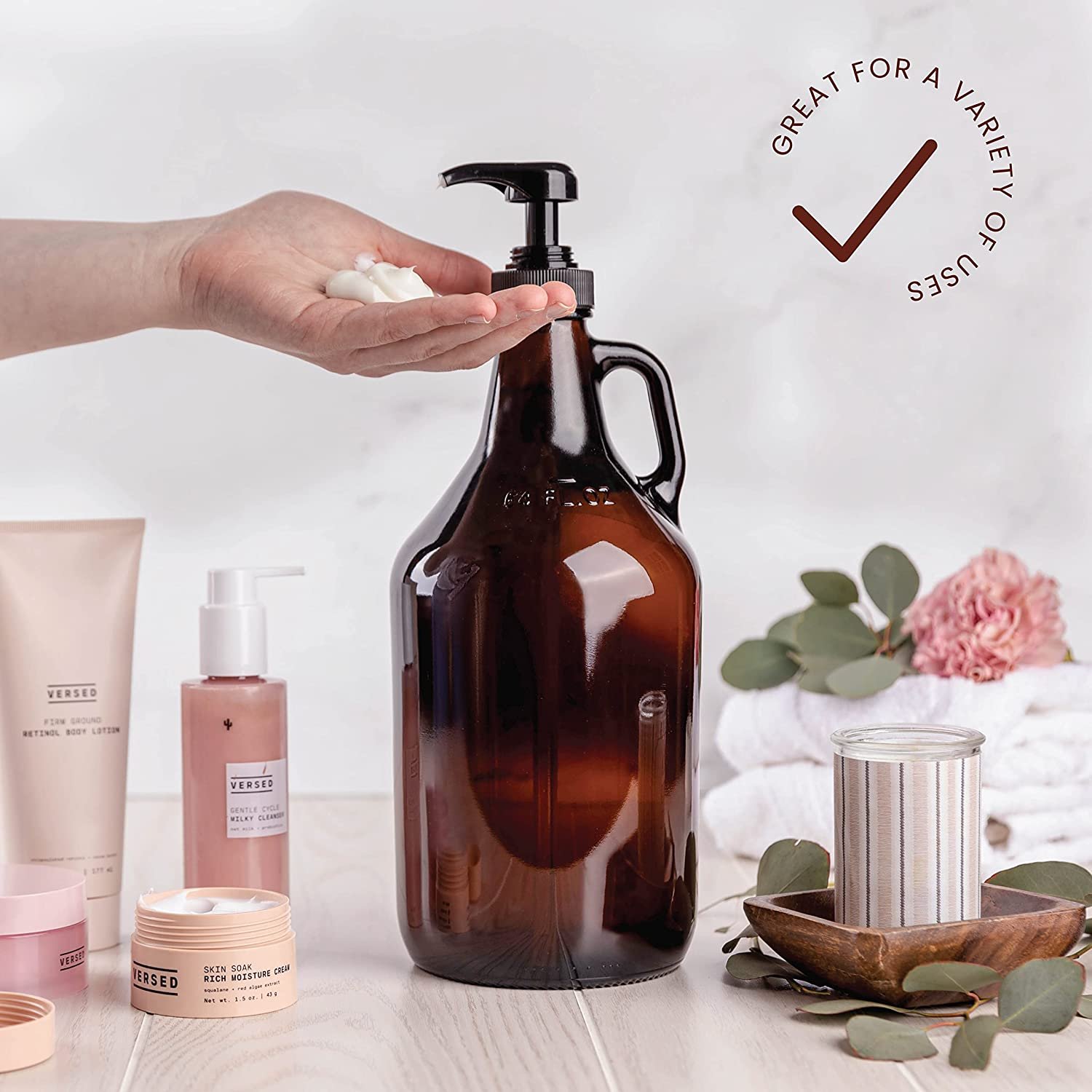 64 oz Capacity Amber Half Gallon Glass Pump Dispenser Bottle, Large Jug with Pump for Laundry Soap Dispenser, Liquid Detergent