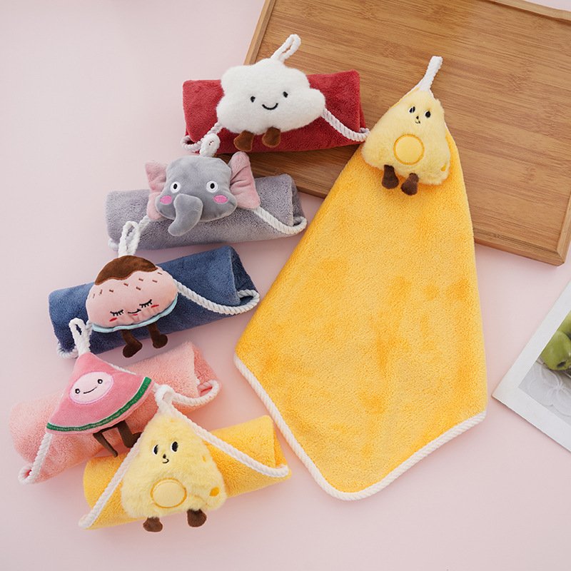 Cartoon kids hanging ring handkerchief baby hanging towel Suitable for kitchen and bathroom kids microfiber gooded towel