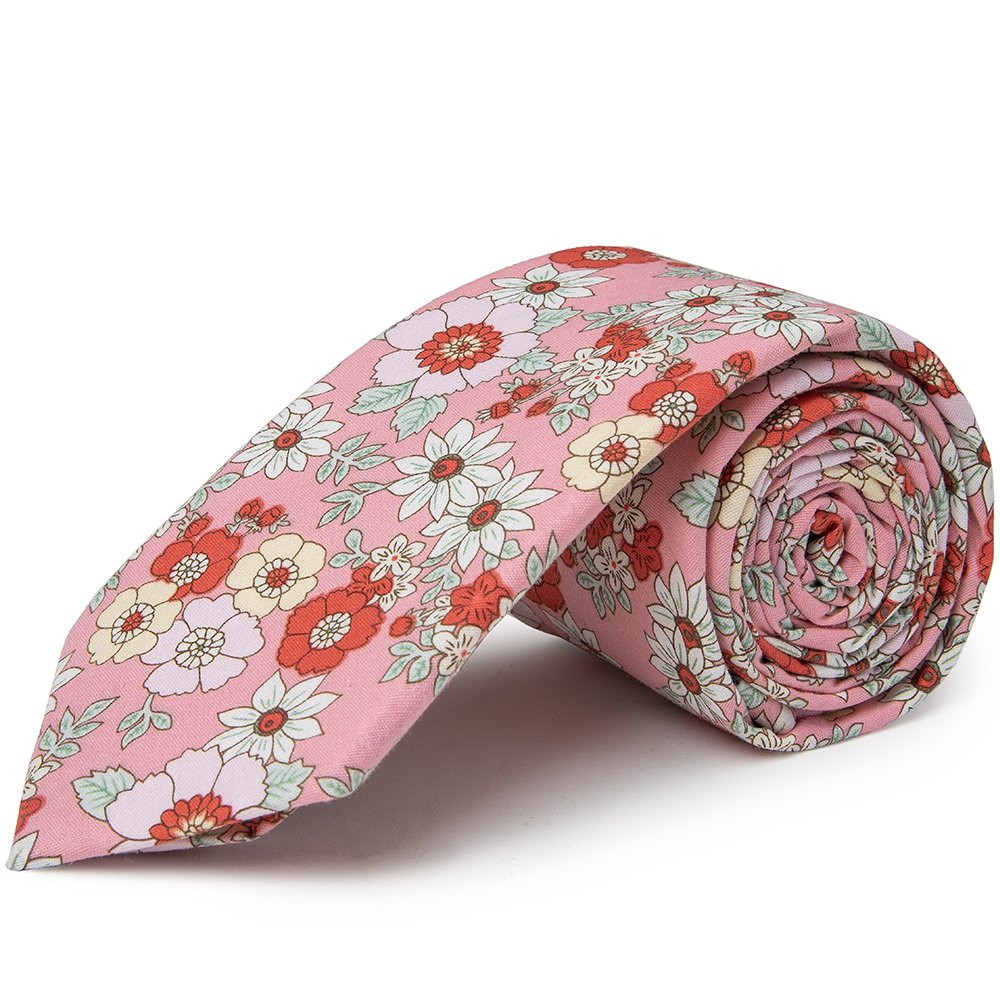 Men's Cotton Floral Printed Necktie Combo Set Pink Necktie Handkerchief Bowtie Set For Wedding matching David's Bridal