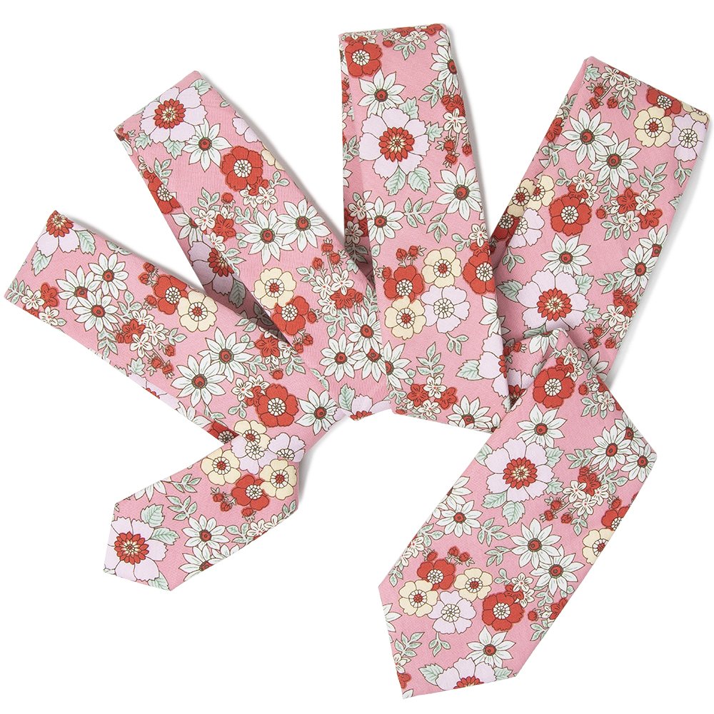 Men's Cotton Floral Printed Necktie Combo Set Pink Necktie Handkerchief Bowtie Set For Wedding matching David's Bridal