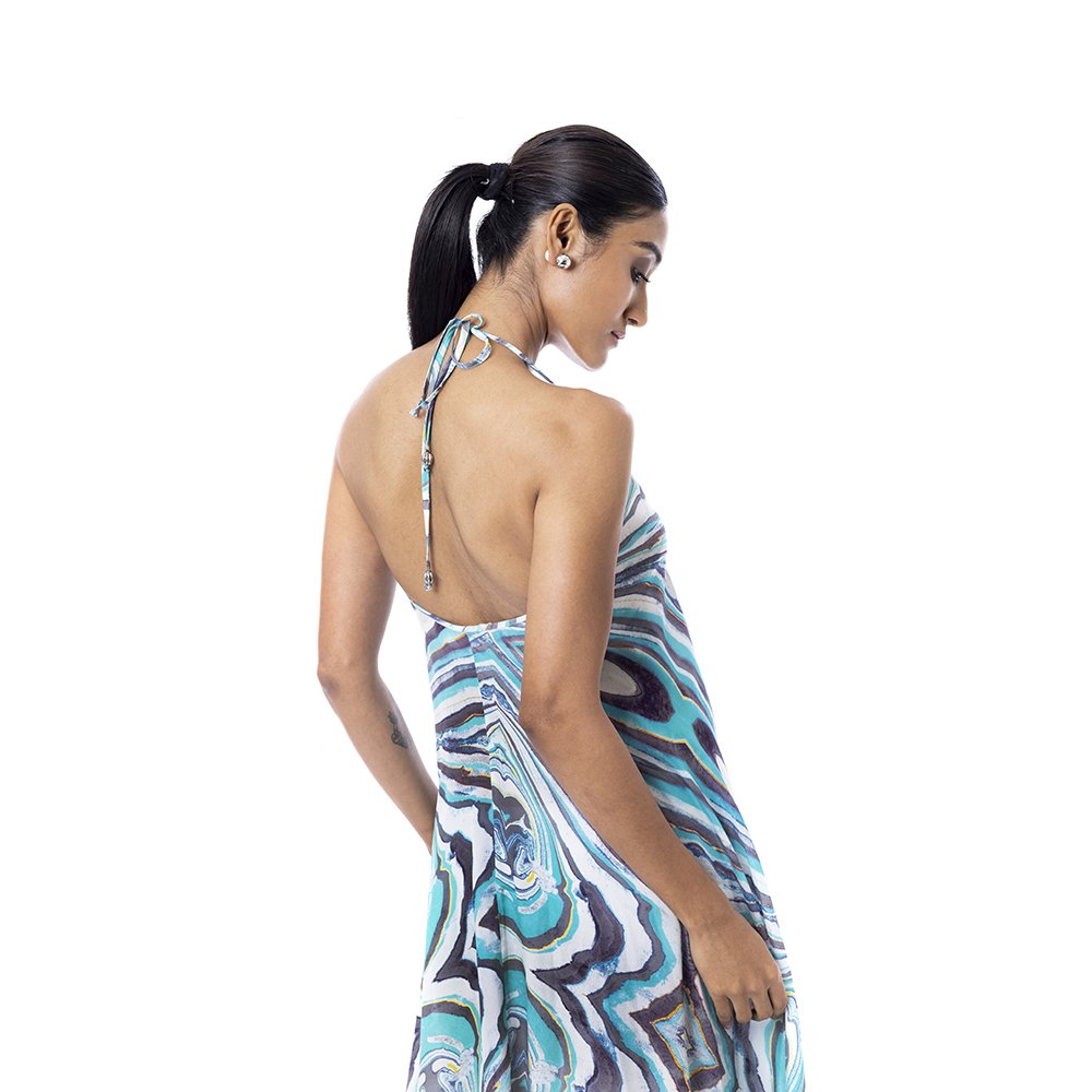 Women's High Quality Digital Print Halter Silk Handkerchief Kaftan Beach Dress