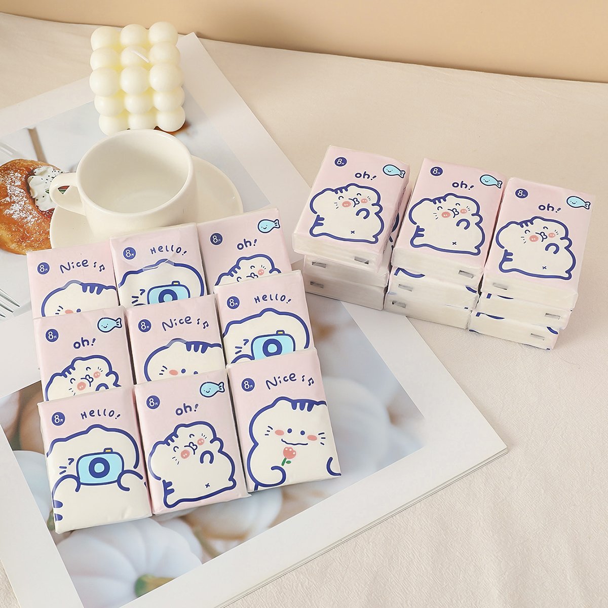 Baby Cat Pocket Tissues Travel Tissues FSC Cartoon Dry & Wet Dual Purpose Paper Handkerchief Portable Hand Towel Tissue