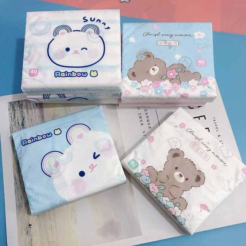 FSC New Rainbow Bear Portable Facial Tissues Wood Pulp Color Printed Soft 40 Pull Cute Cartoon Handkerchief Pocket Tissue
