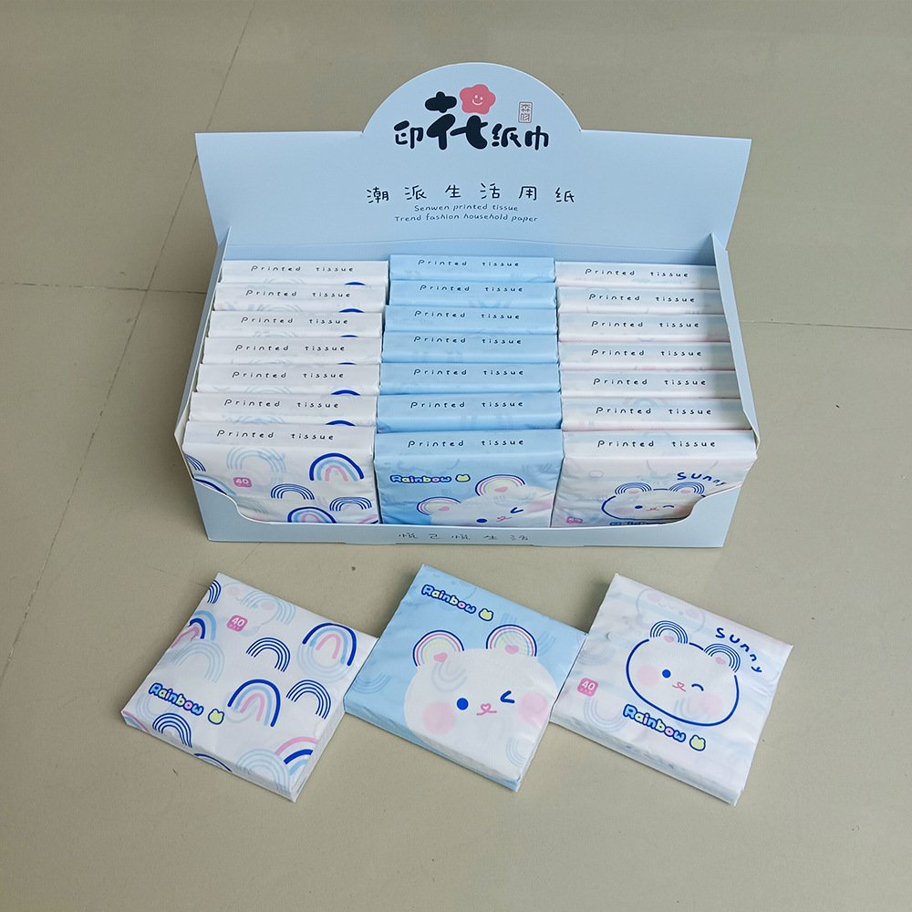 FSC New Rainbow Bear Portable Facial Tissues Wood Pulp Color Printed Soft 40 Pull Cute Cartoon Handkerchief Pocket Tissue