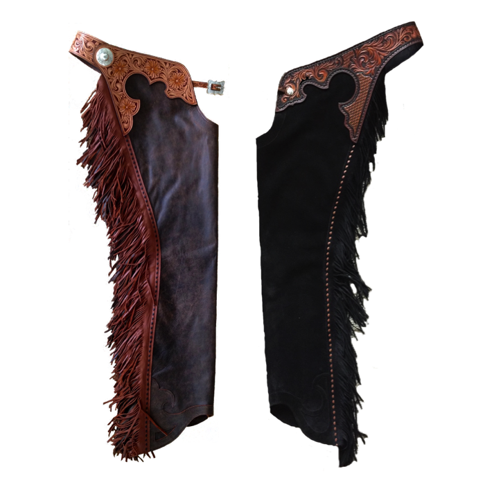 Custom Made Bull riding Chinks Horse Chaps Smooth Hand Carved floral genuine Leather Beaded Belts