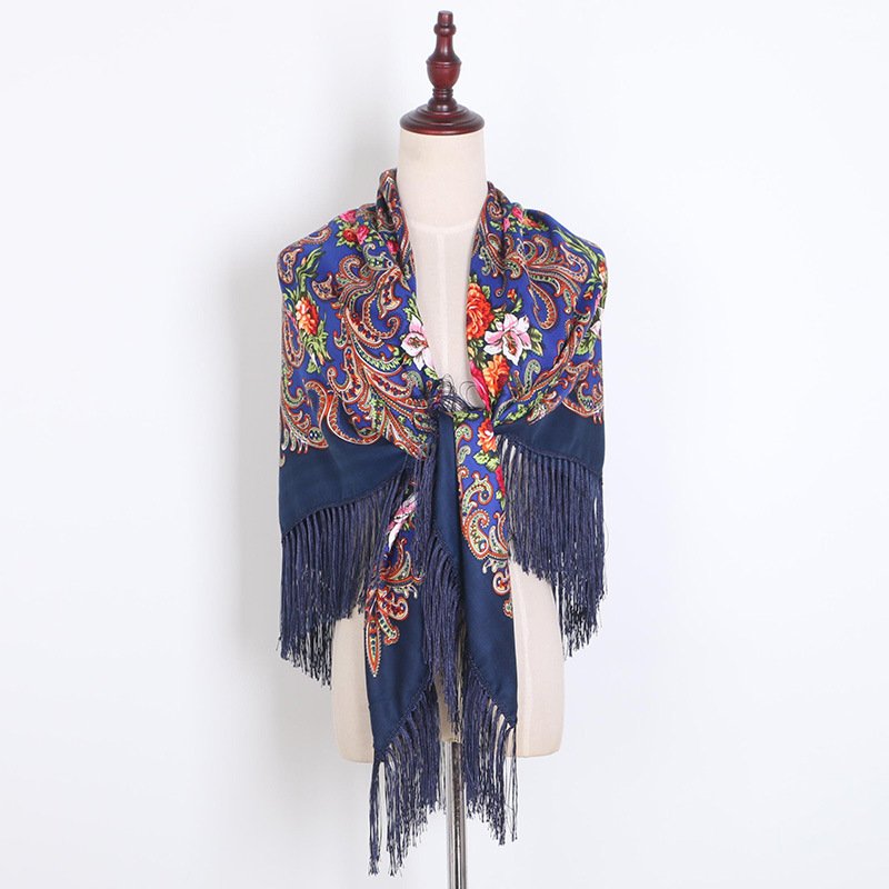 Women Tassel Scarf Retro Style Cotton Handkerchief Autumn Shawl Luxury Brand Scarf Printing Oversize Square Blankets Russian