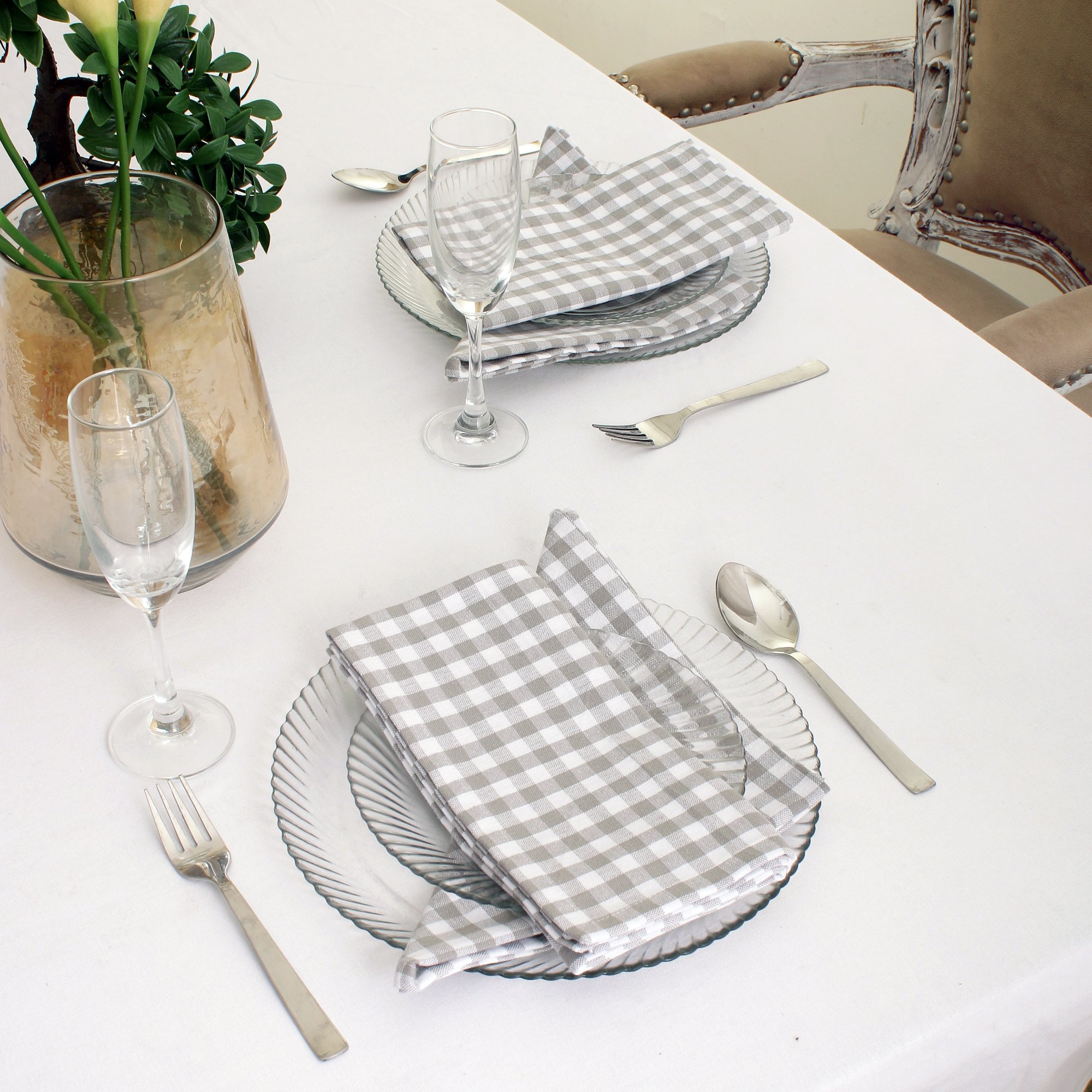 100% Cotton Plain Grey Check Napkins Soft Woven Fabric for Dining Kitchen or Airplane Use for Restaurants Weddings