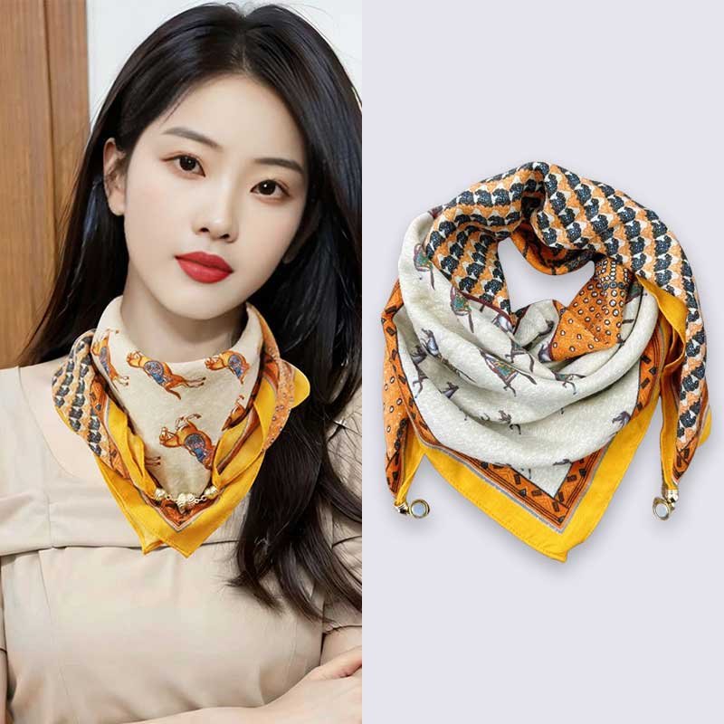 2024 new warm handkerchief Women's Spring, Autumn, Winter Printed cotton and linen scarf Magnetic buckle triangular scarf scarf