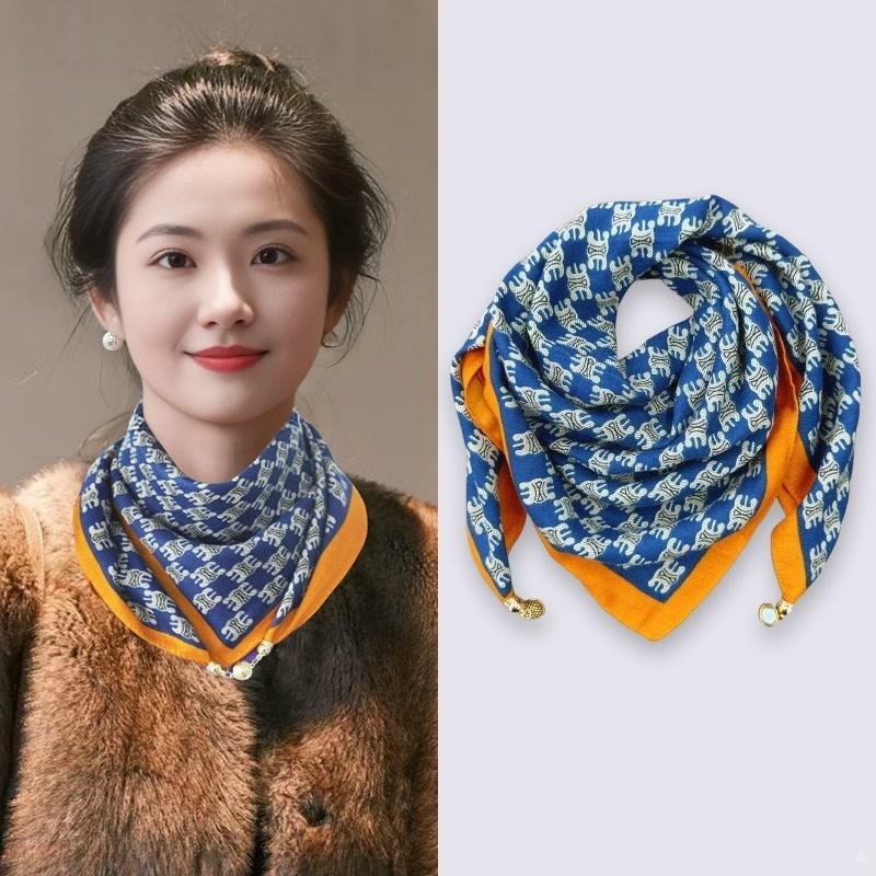 2024 new warm handkerchief Women's Spring, Autumn, Winter Printed cotton and linen scarf Magnetic buckle triangular scarf scarf