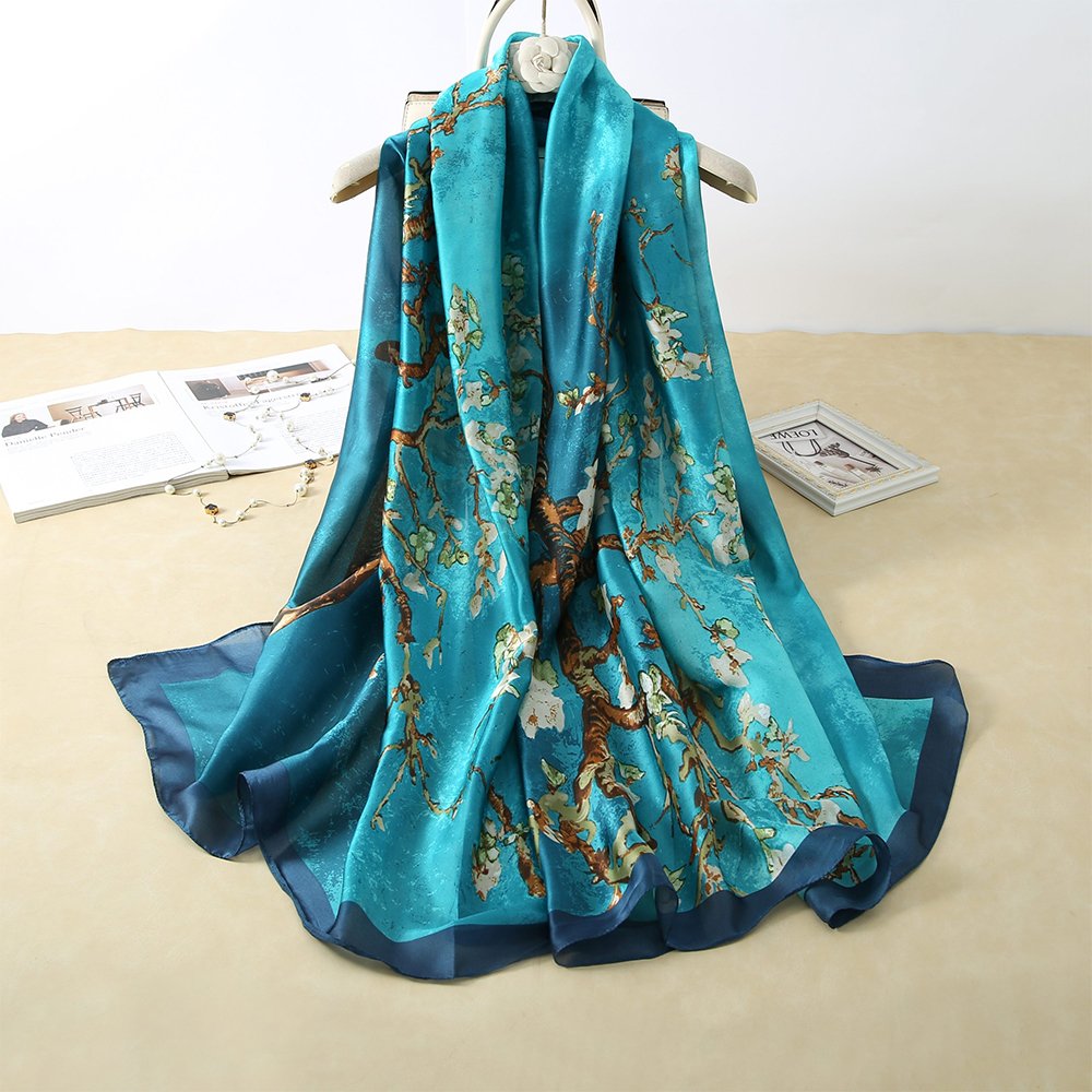 Top Quality Women Luxurious Elegance Flowers Long Printed Silk Scarves Premium Satin Shawl Foulard En Soie