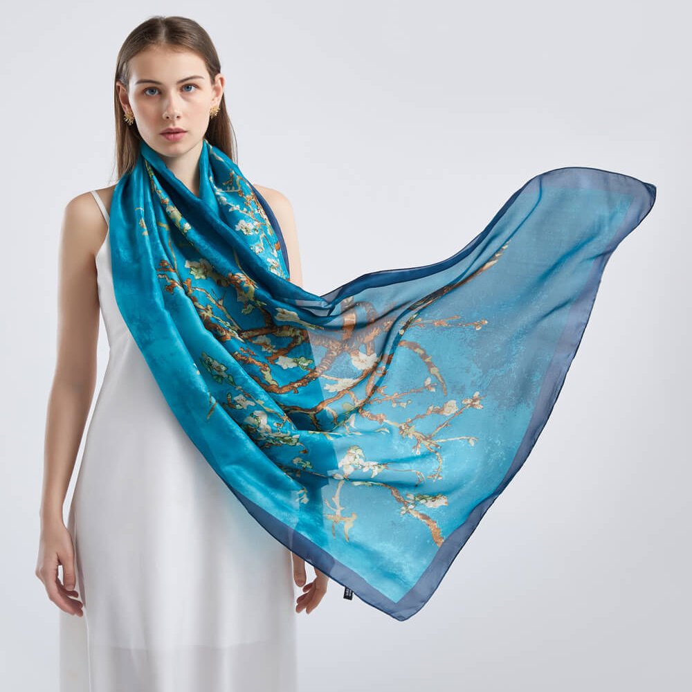 Top Quality Women Luxurious Elegance Flowers Long Printed Silk Scarves Premium Satin Shawl Foulard En Soie