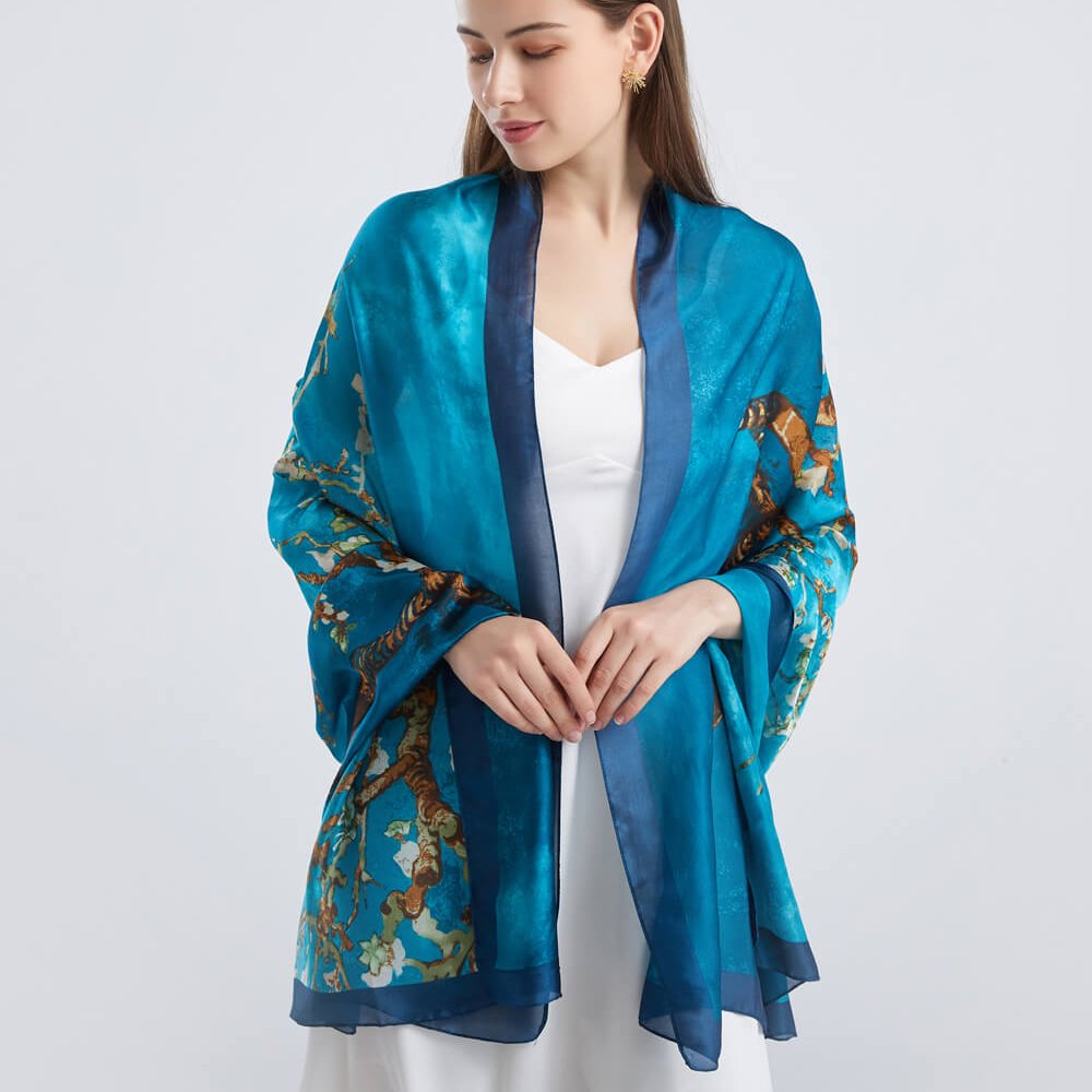 Top Quality Women Luxurious Elegance Flowers Long Printed Silk Scarves Premium Satin Shawl Foulard En Soie