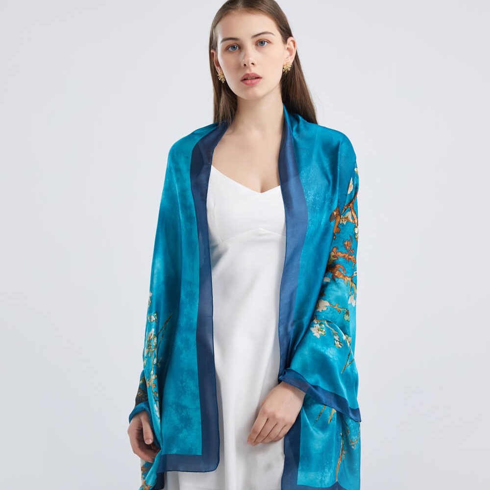 Top Quality Women Luxurious Elegance Flowers Long Printed Silk Scarves Premium Satin Shawl Foulard En Soie