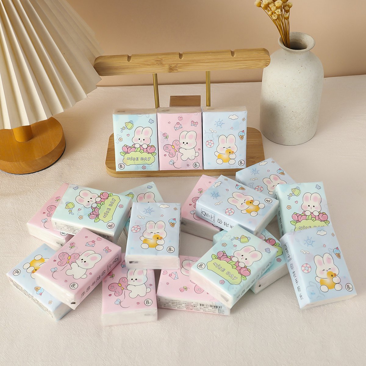 Happy Rabbit Pocket Tissues Travel Tissues FSC Cartoon Dry & Wet Dual Purpose Paper Handkerchief Portable Hand Towel Tissue