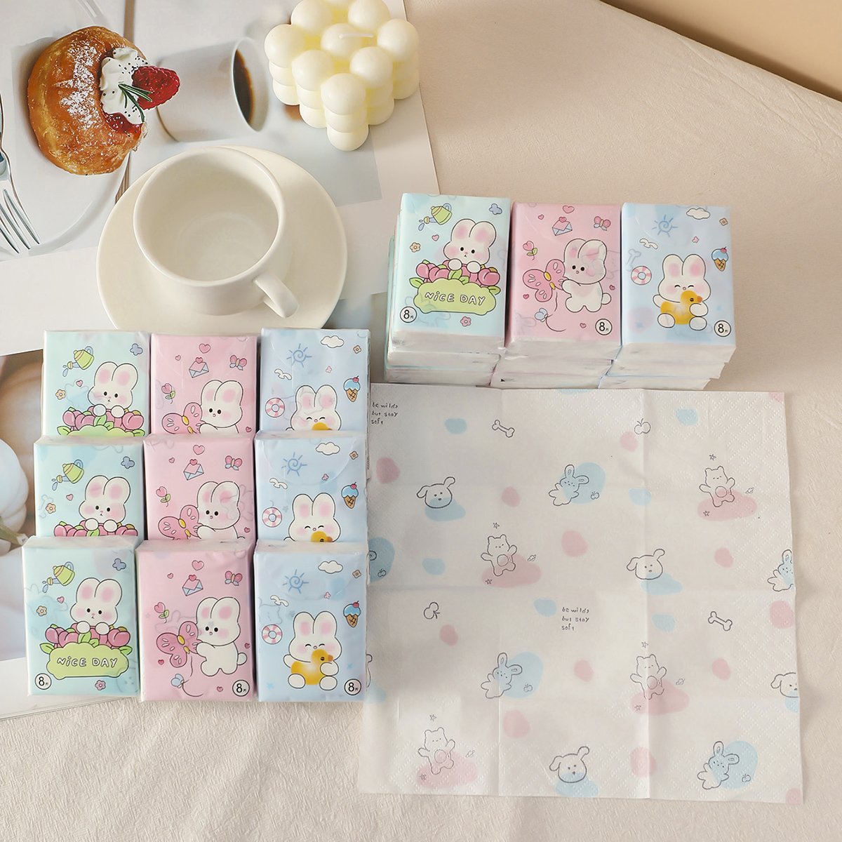 Happy Rabbit Pocket Tissues Travel Tissues FSC Cartoon Dry & Wet Dual Purpose Paper Handkerchief Portable Hand Towel Tissue