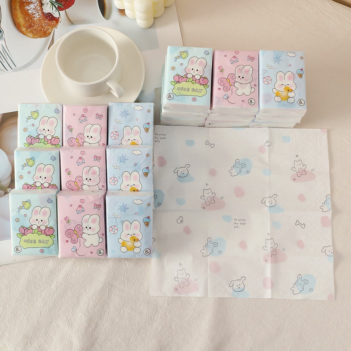 Happy Rabbit Pocket Tissues Travel Tissues FSC Cartoon Dry & Wet Dual Purpose Paper Handkerchief Portable Hand Towel Tissue