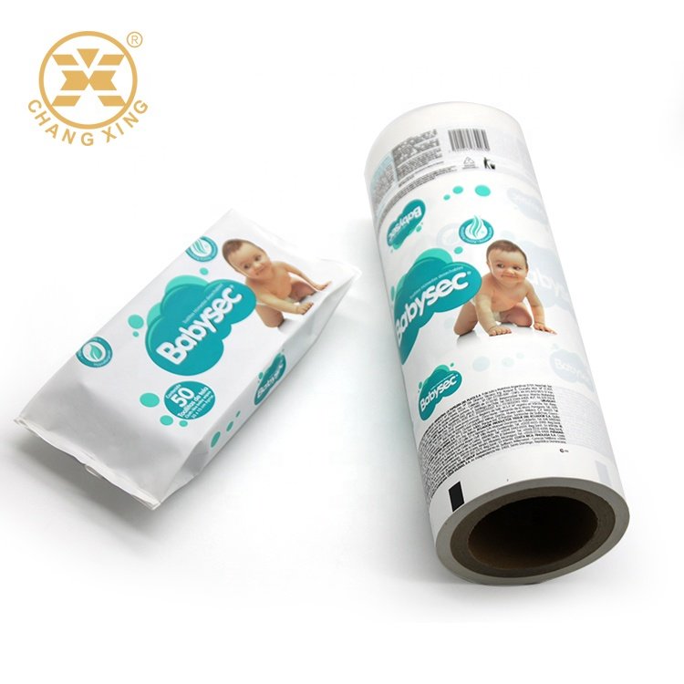 Custom Printed Baby Diaper Wet Tissue Sachet Plastic Laminated Vertical FFS Packaging Film Roll for Flow Machine
