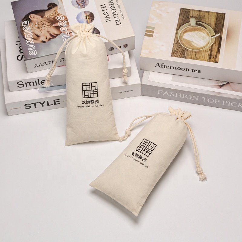 Custom Logo Printed Organic Cotton Muslin Candle Soap Packaging Gift Bags Drawstring Dust Cotton Pouch