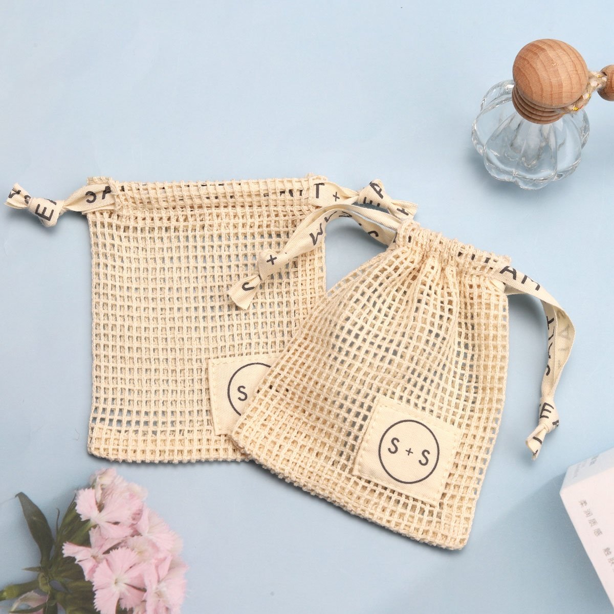 High Quality Cotton Mesh Drawstring Bag For Soap Custom Logo Label Mesh Gift Bags For Soap Packing