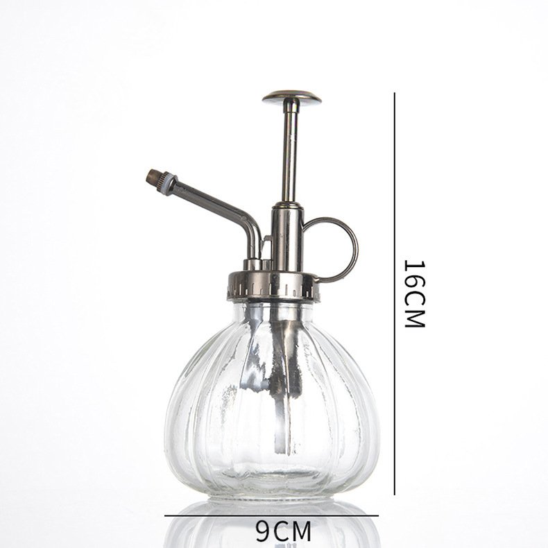 Vintage Green Plant Decorative Glass Watering Bottle round with Plated Pump Sprayer and Screw Cap Screen Printed Surface