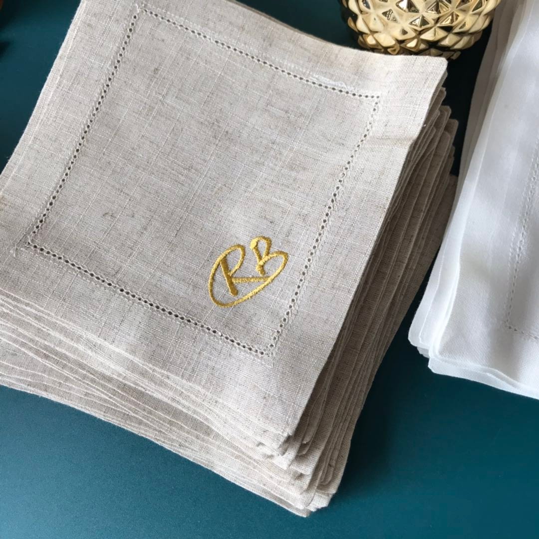 pink embroidery Letter linen placemat embroidered handkerchief with initials washed linen napkin