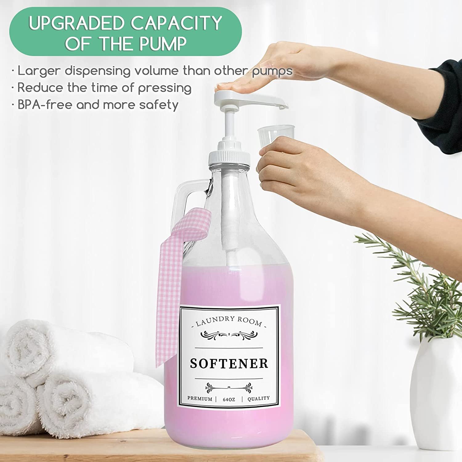 Clear Empty Laundry Liquid Dispenser Large Soap Detergent Glass Container (64oz) Reusable Pump Bottle for Detergent