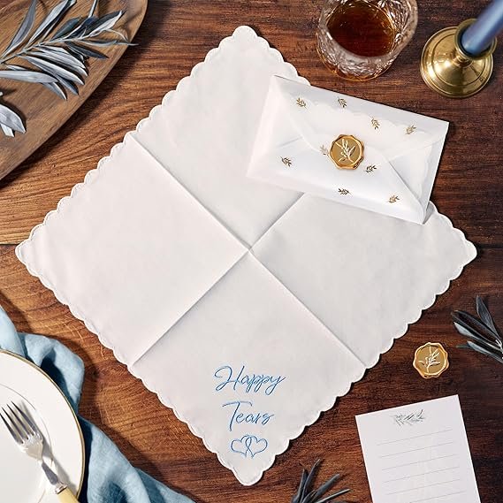 Embroidered Wedding Handkerchiefs Happy Tears Wedding Handkerchiefs with Lace Edges for Wedding Day Bride