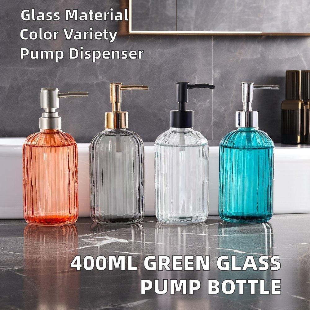 in Stock 400ml Green Transparent Glass round Bottle with Screw Cap for Shampoo Hair Oil Hand Sanitizer Pumps
