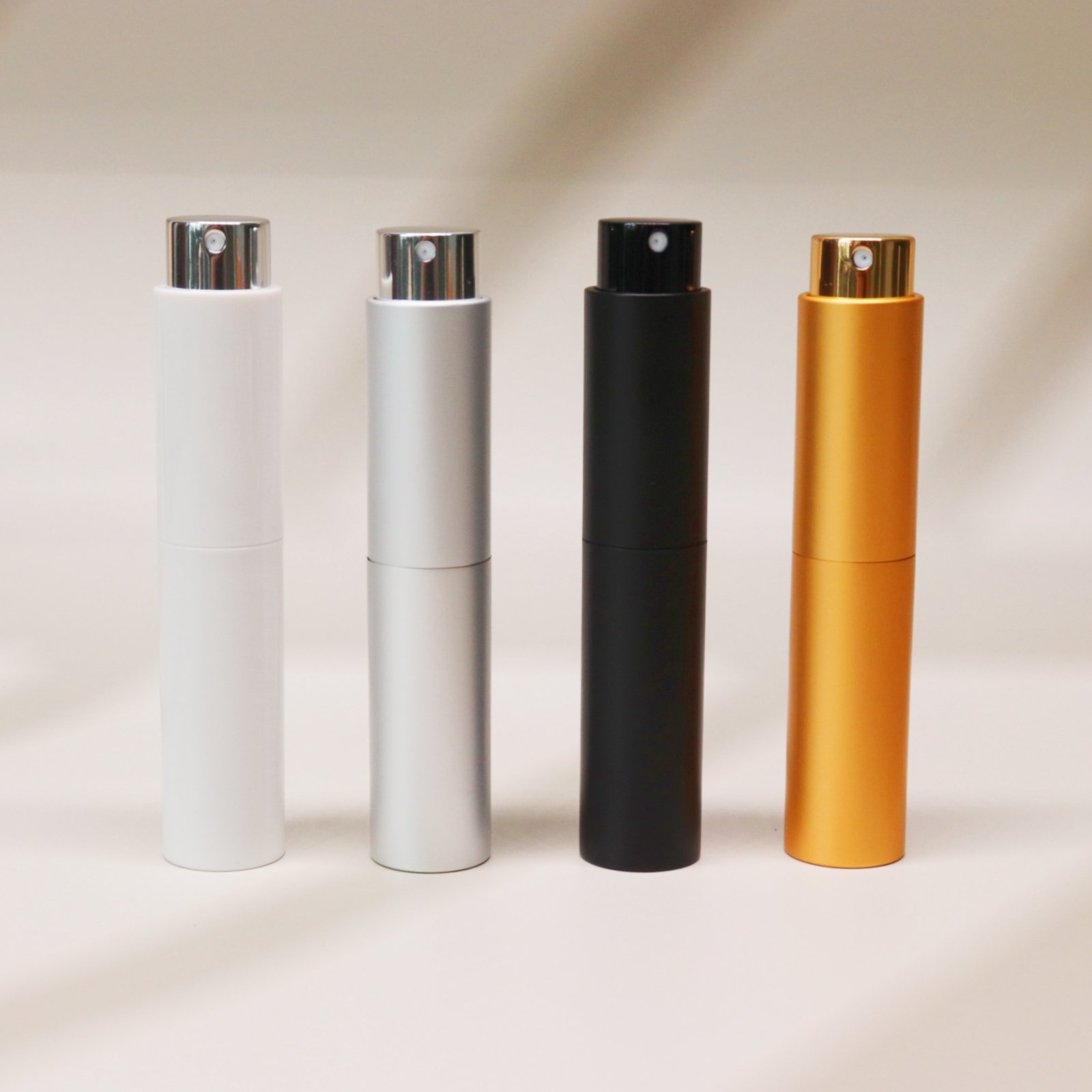 8ML 10ML empty Aluminum Metal Twist Up Perfume Travel Glass round Spray perfume bottle with Silk screen logo