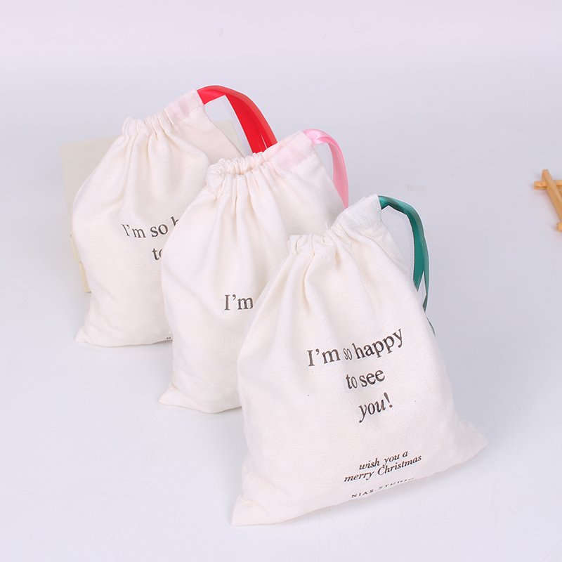 Personalized Custom Logo Print Cotton Ribbon Packaging Gift Bag Organic Cotton Jewelry Pouch Canvas Cosmetic Drawstring Pouch
