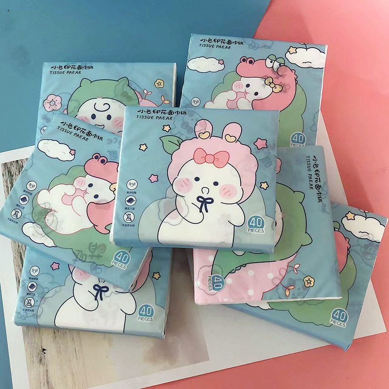 FSC SENWEN Portable Facial Tissues Wood Pulp Cute Baby Color Printed Soft 40 Pull Cute Cartoon Handkerchief Pocket Tissue