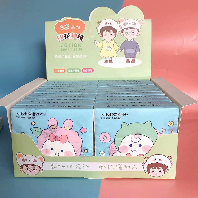 FSC SENWEN Portable Facial Tissues Wood Pulp Cute Baby Color Printed Soft 40 Pull Cute Cartoon Handkerchief Pocket Tissue