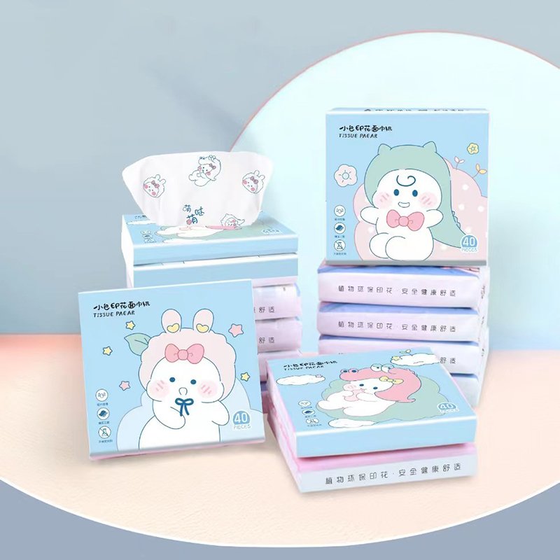 FSC SENWEN Portable Facial Tissues Wood Pulp Cute Baby Color Printed Soft 40 Pull Cute Cartoon Handkerchief Pocket Tissue