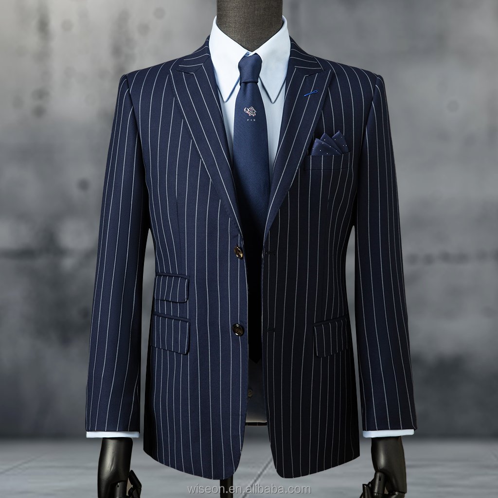 Exceptional Single-Breasted Double-Button Men's Striped Suit with Curved Hem and Notch Lapel