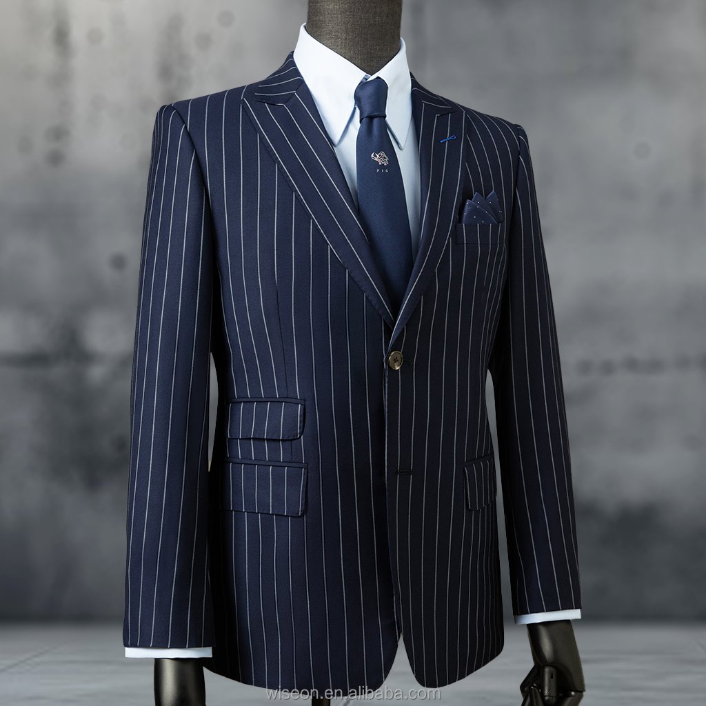 Exceptional Single-Breasted Double-Button Men's Striped Suit with Curved Hem and Notch Lapel