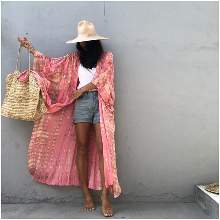 Kimono Beach Women Retro Stripe Boho Printed Tunics Robe de Plage Tie Dye Stripe Open Cardigan Beach Kimono for Bikini Cover