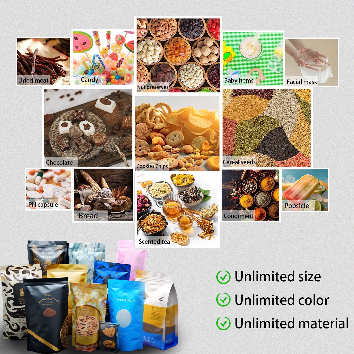Custom printed Potato chip mylar bags for Herbs stand up pouch packaging Matte Stand Up Pouch with Zipper 3 side sealed bags