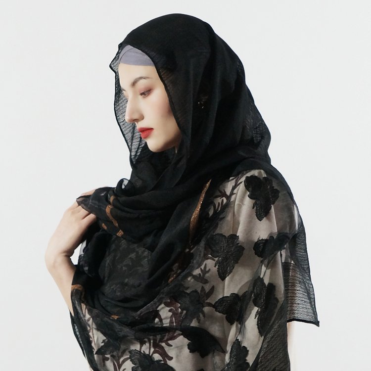 Ethnic fashion women voile shawl jacquard georgette stretch black hijab embroidery cotton head scarf viscose veils customizable