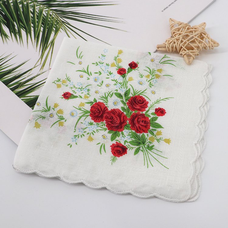 Stock flower design scallop edge 100% cotton Printed high quality soft handkerchief