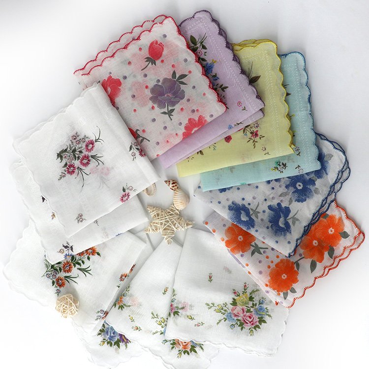 Stock flower design scallop edge 100% cotton Printed high quality soft handkerchief