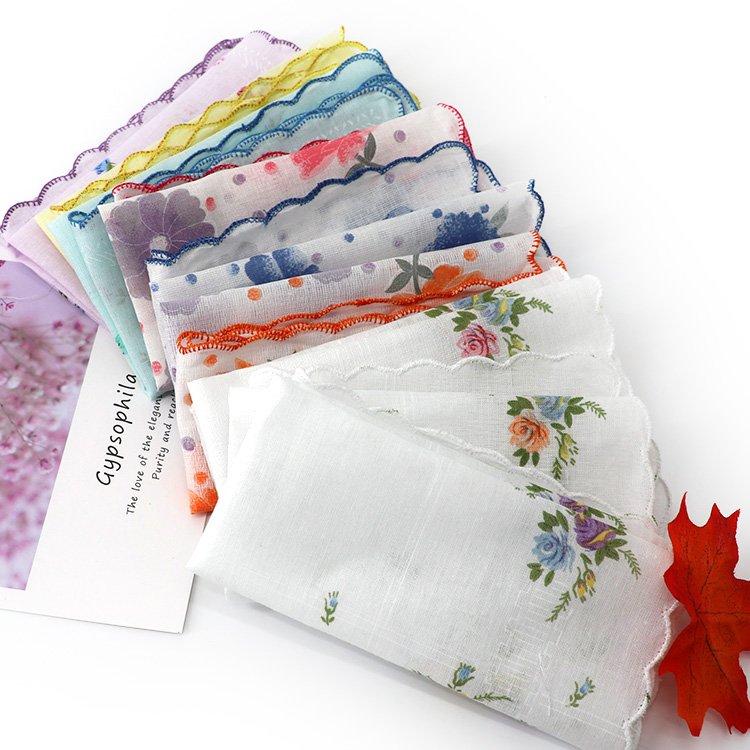 Stock flower design scallop edge 100% cotton Printed high quality soft handkerchief