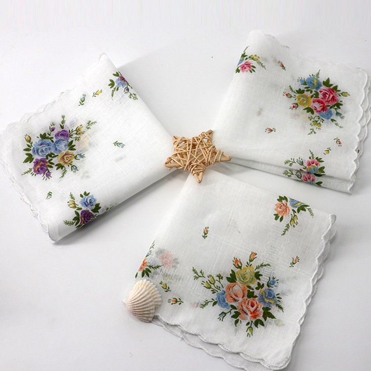 Stock flower design scallop edge 100% cotton Printed high quality soft handkerchief