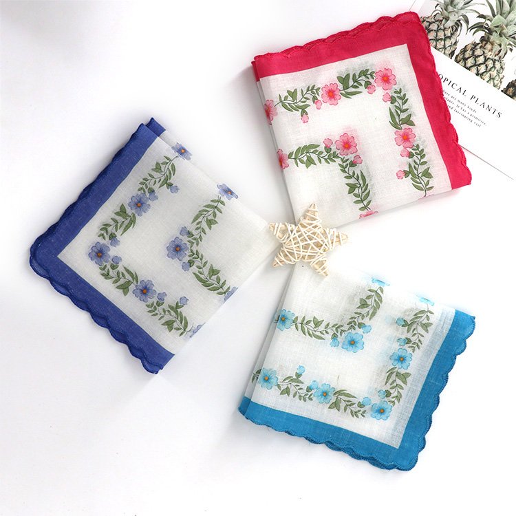 Stock flower design scallop edge 100% cotton Printed high quality soft handkerchief