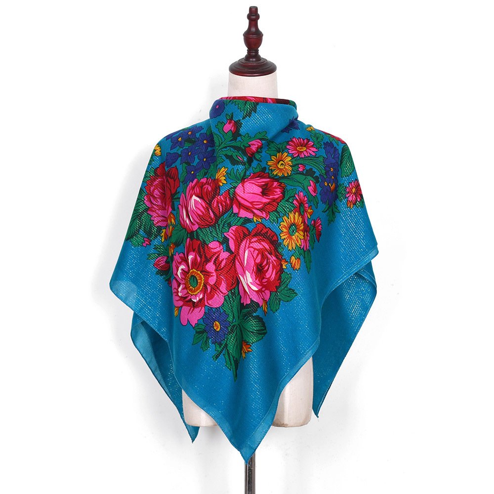 Russian Floral square Scarf Luxury Flower Handkerchief Ethnic scarf for Women Hijab Headband Scarf Big Bandana 110x110cm