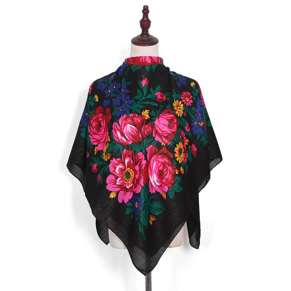 Russian Floral square Scarf Luxury Flower Handkerchief Ethnic scarf for Women Hijab Headband Scarf Big Bandana 110x110cm